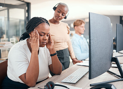 Buy stock photo Stress, headache and frustrated in the office from work with exhausted woman at desk. Black businesswoman tired from performance in workplace with overworked, disappointed and upset worker 