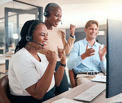 Buy stock photo Call center, celebrate and cheer for success, target or online good review on computer with teamwork, motivation and diversity. Black women and man in customer support, telemarketing and CRM team