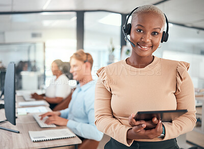 Buy stock photo Call center, CRM and customer service woman with tablet and headset in telemarketing and customer support in office. Happy, smile and motivation with contact us, help and business employee consultant