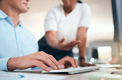 Buy stock photo Hands, keyboard and typing with a man and manager working in a call center for customer service. Contact us, telemarketing and sales with business people at work by a desk in a CRM office together