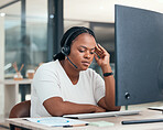Stress, anxiety and burnout with a woman consultant working in a call center for customer care and support. Crm, contact us and telemarketing with a female at work in sales with pressure or a problem