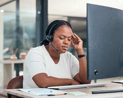 Buy stock photo Stress, anxiety and burnout with a woman consultant working in a call center for customer care and support. Crm, contact us and telemarketing with a female at work in sales with pressure or a problem