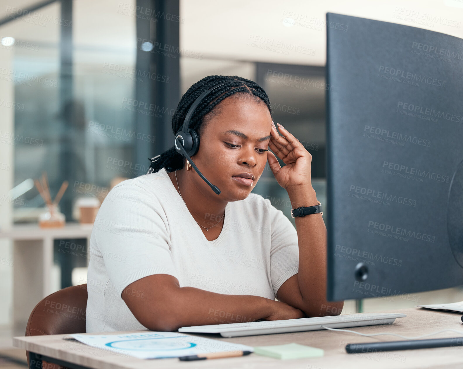 Buy stock photo Stress, anxiety and burnout with a woman consultant working in a call center for customer care and support. Crm, contact us and telemarketing with a female at work in sales with pressure or a problem