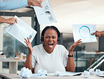 Stress, frustrated and woman screaming with paperwork at her desk in corporate modern office. Burnout, crumpled paper and angry telemarketing consultant with administration documents from managers.
