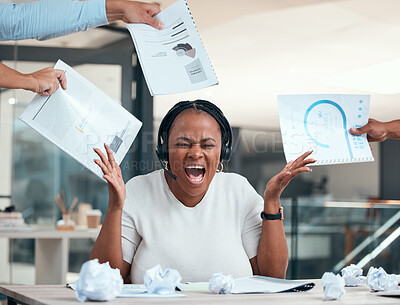 Buy stock photo Stress, frustrated and woman screaming with paperwork at her desk in corporate modern office. Burnout, crumpled paper and angry telemarketing consultant with administration documents from managers.