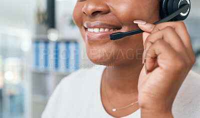 Buy stock photo Customer service, call center and telemarketing worker with headset, happy and smile talking to a client. Consultant, contact us or help desk agent consulting, support and advice with crm questions 