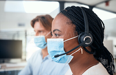 Buy stock photo Black call center woman with mask, customer service and telemarketing agent stoping the spread of covid. Crm, contact us and helpdesk worker with headset offering help, support and friendly service.