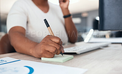 Buy stock photo Receptionist, secretary or consultant with phone, writing client info on sticky note. Crm, communication and support, customer service at telemarketing company. Black woman consulting on office phone