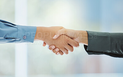 Buy stock photo Handshake, partnership and trust in support, teamwork or deal together against a blurred background. Business people shaking hands in agreement, success and help in company greeting or welcome