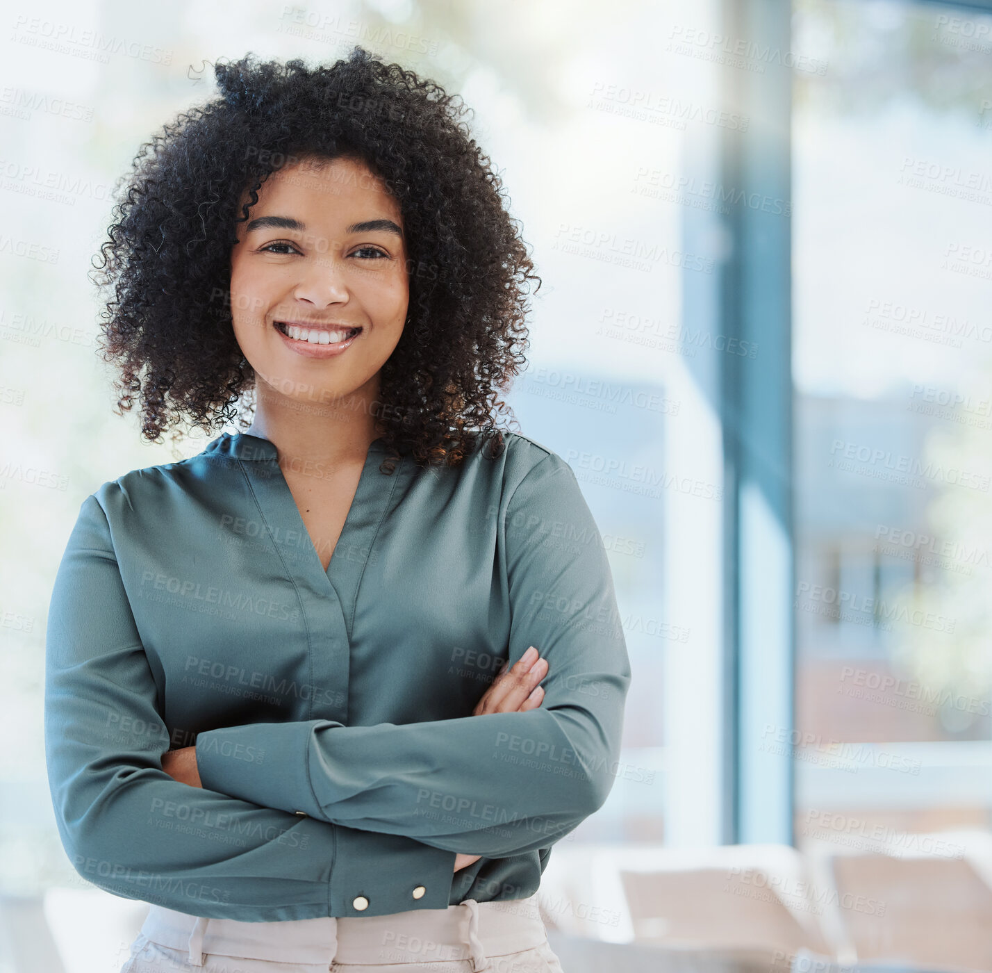 Buy stock photo Happy human resources manager smile, leadership and vision for success. Portrait of a black business woman standing arms crossed, smiling and feeling positive while working in an startup office
