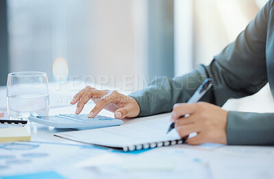 Buy stock photo Hands, finance calculator and woman writing on kpi paper data, company growth and business review documents. Zoom on financial planning accounting, marketing budget or office investment stock worker