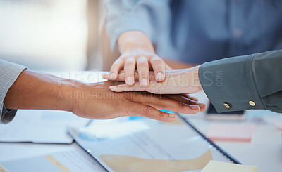 Buy stock photo Hands, diversity and teamwork in business team connected together. Business people, multiracial and diverse people in successful meeting at work. Leader, employees and support in the office
