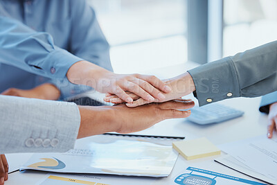 Buy stock photo Teamwork, collaboration and hands of business team come together in solidarity, community or support for company project. Strategy meeting hand stack of marketing employee, worker or group of people