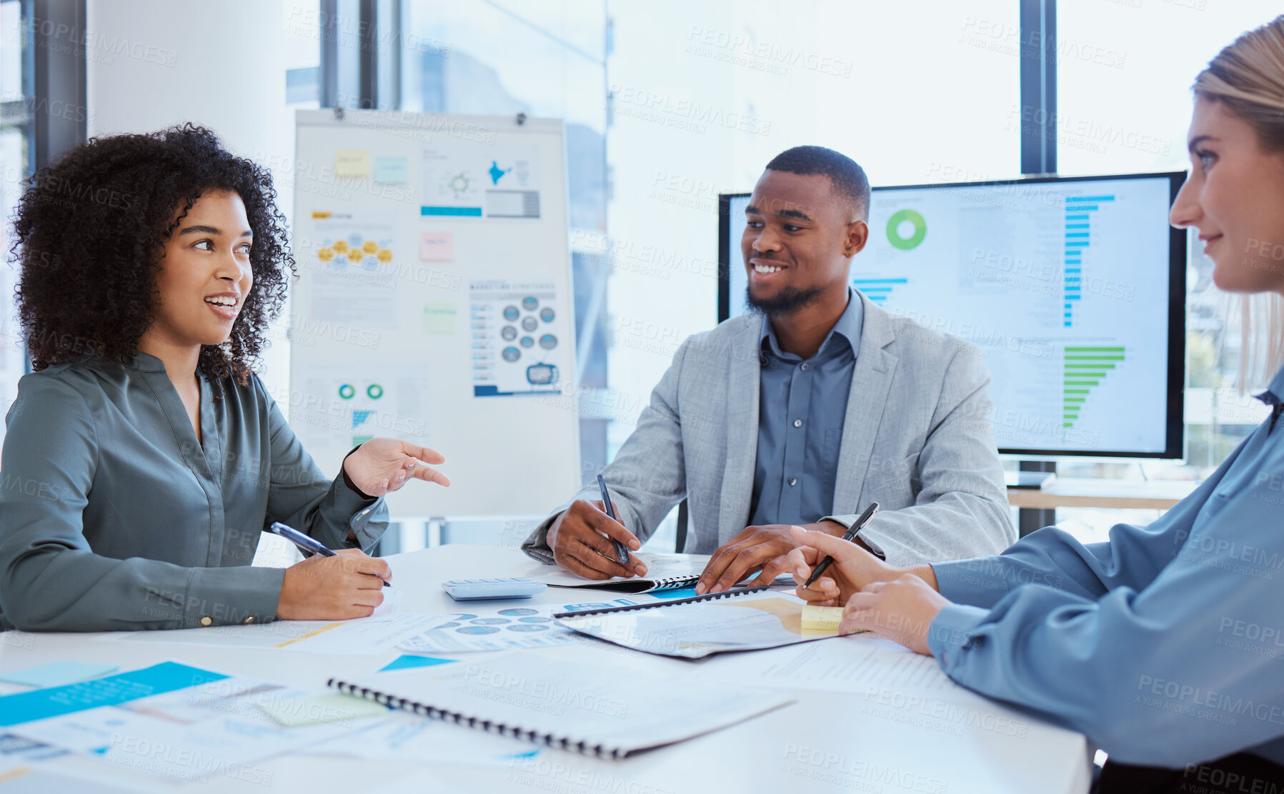 Buy stock photo Accounting team, finance and financial meeting on group investment planning and sales strategy. Accountant, paperwork and business people check profit growth analytics on budget documents in notebook