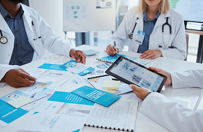 Buy stock photo Covid information, healthcare doctor document and medical research data on paperwork, digital tablet and vaccine planning. Closeup of hospital team meeting for corona virus science analysis results
