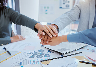 Buy stock photo Team hands, collaboration and meeting in agreement for company project plan, strategy and goal at the workplace. Business people hand in teamwork and support for work unity or community at the office