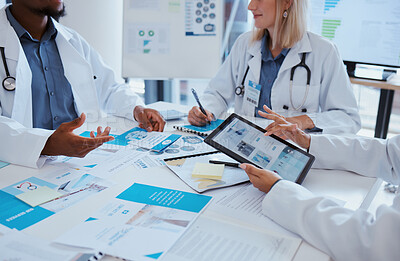 Buy stock photo Healthcare doctors and meeting documents with tablet data for business discussion in office. Medical paperwork communication and analytics improvement for development of medicare company.