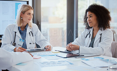 Buy stock photo Doctors leadership meeting discussion for finance report, medical analytics or hospital planning with document paperwork. Women or people in healthcare communication on financial chart and technology