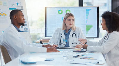 Buy stock photo Doctors, meeting or teamwork collaboration on data paper, infographic digital screen chart or finance funding documents. Communication or medical healthcare people planning hospital surgery insurance