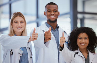 Buy stock photo Thumbs up, hands and doctors in hospital success with thank you, winner or trust in medical wellness. Happy smile portrait, gesture or diversity teamwork collaboration of healthcare insurance worker