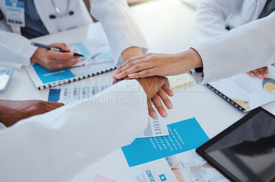Buy stock photo Collaboration, team and hands of doctor in meeting working on research for medical study or surgery. Teamwork, support and partnership for group of hospital healthcare worker with medicine documents