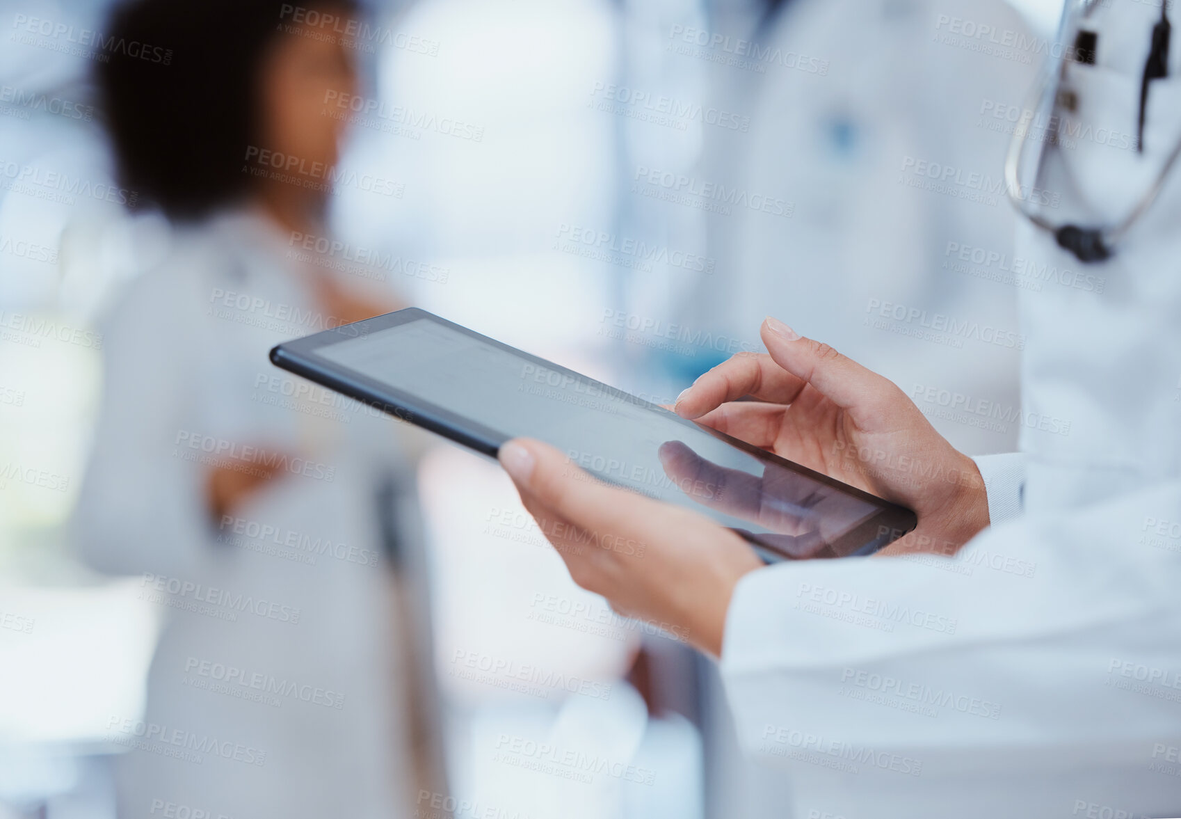 Buy stock photo Medical, healthcare and insurance with a tablet in the hands of a doctor working in a hospital. Medicine, report and technology with a health professional at work in a clinic for care and wellness 