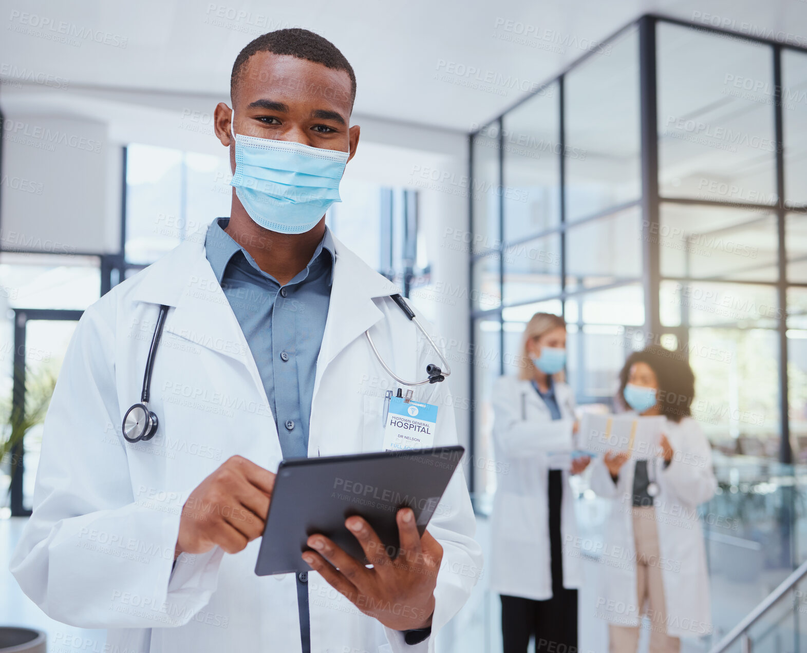 Buy stock photo Portrait of doctor with mask and tablet during covid for bacteria, medicine or corona virus research. Safety, protection and black medical healthcare worker or hospital employee doing telehealth work