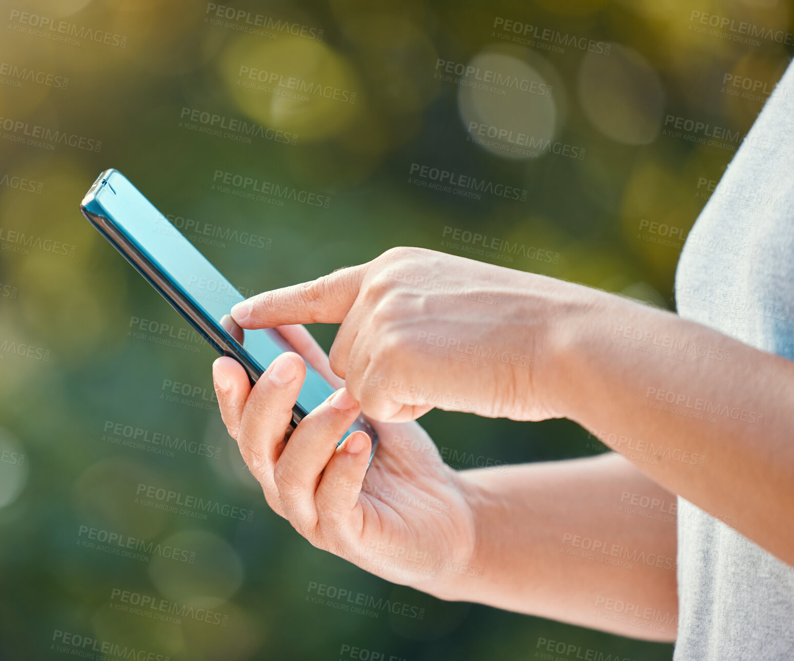 Buy stock photo Hands, phone and woman in park searching social media, internet and news blog in nature, garden background or backyard. Zoom on relax person with 5g communication, mobile technology and online game