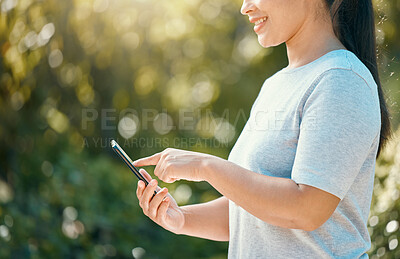 Buy stock photo Woman, phone and nature park while touching screen for mobile app, communication for sustainability and environment management tool. Hand of female with 5g network and technology connection outside