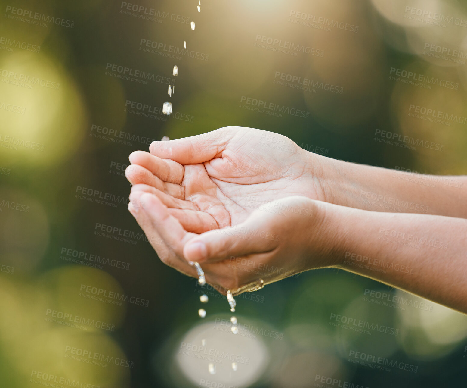 Buy stock photo Water splash, hands and environment sustainability of nature, earth day and eco friendly care. Closeup catching drops of waterfall, rain and sustainable ecology for healthy, natural support and hope