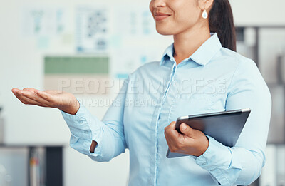 Buy stock photo Business woman with hand and tablet in a meeting at work. Female worker with hand out, asking and getting funding or support for start up company. Businesswoman, leader and working online
