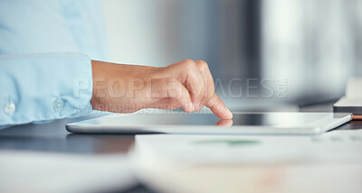 Buy stock photo Business woman, hand and digital tablet for software to monitor employee performance or business project. Zoom of professional executive manager searching, scrolling on online office technology
