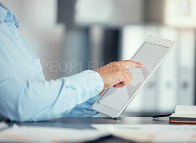 Buy stock photo Hands, tablet and research with a business man working on technology in his office. Database, information and internet with the hand of a male employee on a wireless touchscreen device at work