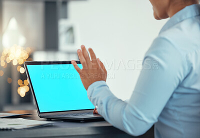 Buy stock photo Green screen on laptop, a woman uses hand to test video quality and starts streaming meeting with 5g technology. Helping global online communication for staff, stable internet connection and teamwork