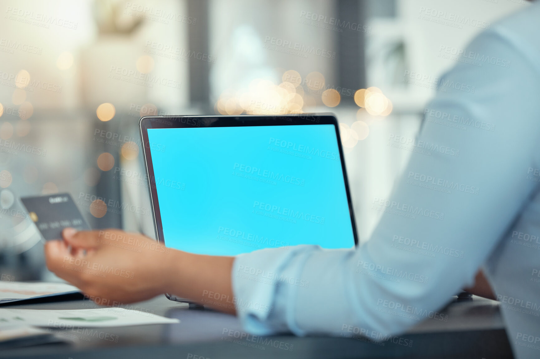 Buy stock photo Hands, business woman with a credit card and laptop with blue screen in modern office. Employee paying personal house mortgage, debt bills or ecommerce shopping with online banking on computer.