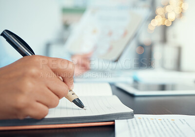 Buy stock photo Business woman, hand and notebook writing in marketing planning, target audience research and kpi data analysis in office. Zoom on employee, worker and brand manager with paper documents and schedule