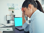 Anxiety, stress and laptop screen with blank, blue and mockup in a office in a marketing company. Business woman with burnout, headache and mental health problem with work depression or sad in office