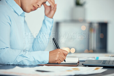 Buy stock photo Hand, writing and notebook with a stress business woman suffering from anxiety and burnout in an office at work. Mental block, fatigue and deadline with a female writer, author or journalist at work