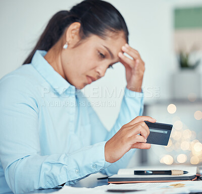 Buy stock photo Confused woman and finance debt on credit card for invoice payment in mental panic at desk. Stressed and anxious entrepreneur girl with bankruptcy loan crisis sad about failure of business.