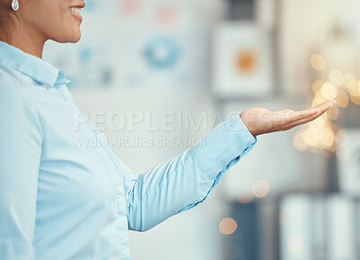 Buy stock photo Business woman in the office with hand and palm open, asking for funding for business. Female worker getting funds, money and donations for company. Working, start up career and corporate leader