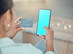 Online shopping, credit card and woman with phone mockup in hand for payment, ecommerce and banking. Consumer female using fintech finance and paying with internet and bank website app on smartphone
