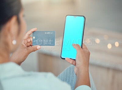 Buy stock photo Online shopping, credit card and green screen phone with woman doing payment, ecommerce and banking. Consumer female using fintech finance and paying with internet and bank website app on smartphone
