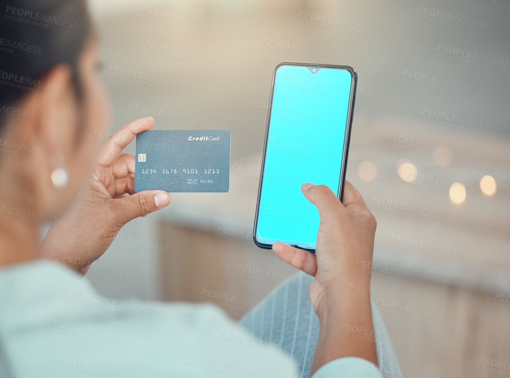 Buy stock photo Online shopping, credit card and green screen phone with woman doing payment, ecommerce and banking. Consumer female using fintech finance and paying with internet and bank website app on smartphone
