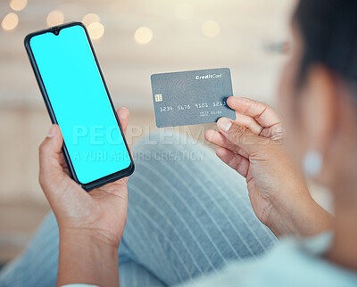 Buy stock photo Green screen, woman with phone and credit card in hand for online shopping, ecommerce and payment. Fintech, finance and online payment with digital, internet and bank website app on smartphone.