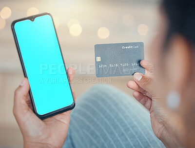Buy stock photo Credit card, ecommerce and phone with green screen mock up or blank display for fintech, online shopping and technology. Payment, banking and finance with black woman and mockup on digital device
