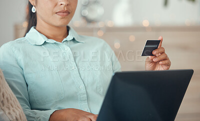 Buy stock photo Credit card, online shopping and banking online on a laptop at home. Woman with card and computer with convenient, easy and quick way to bank and shop. Bank card, remote and electronic services