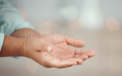 Buy stock photo Open praying hands for faith, support and worship of God, for hope in Jesus christ and holy spirit on good Friday church spiritual and religion holiday. Woman palm praise, asking or begging for help