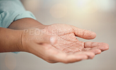 Buy stock photo Person open hands for charity, support or poverty with lens flare and mockup. Community, love and care with empty palms in prayer, hope or faith icon or sign for advertising or marketing with mock up