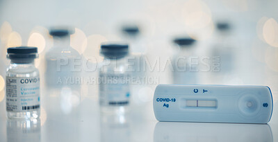 Buy stock photo Covid medical vaccine with test technology, in lab to save life across the world and help end the global covid 19 pandemic. Pharmacy stores, clinics and hospitals worldwide were used for vaccinations