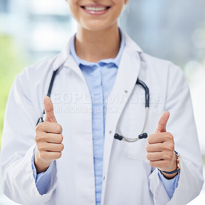 Buy stock photo Healthcare, woman and thumbs up from doctor with a smile and blurred background. Success, thank you or approval from happy medical worker in hospital, cropped. Winner in medicine and yes to vaccine.